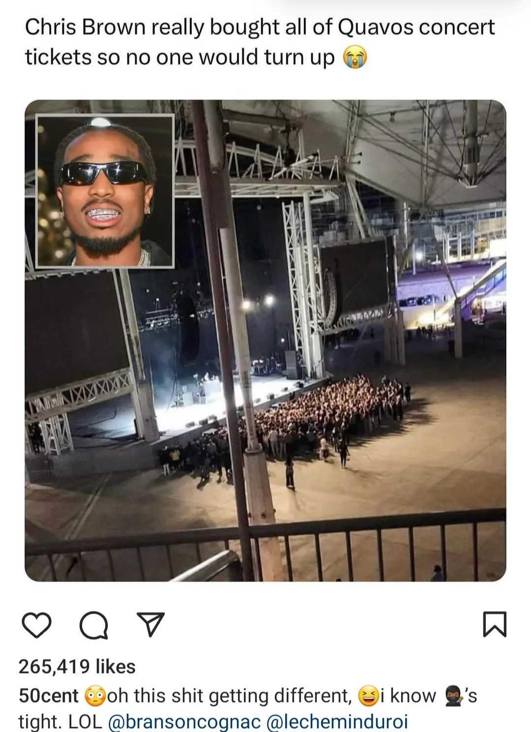 Chris Brown accused of buying all of Quavo’s concert ticket so no one would turn up as the rapper performs to almost empty arena