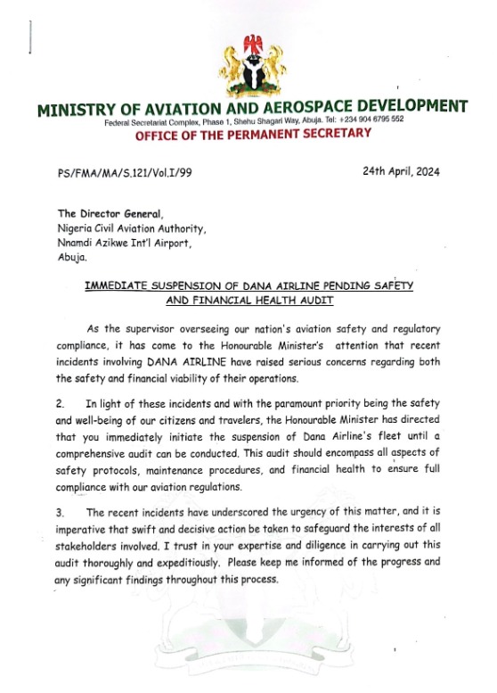 FG grounds Dana airline over safety concerns
